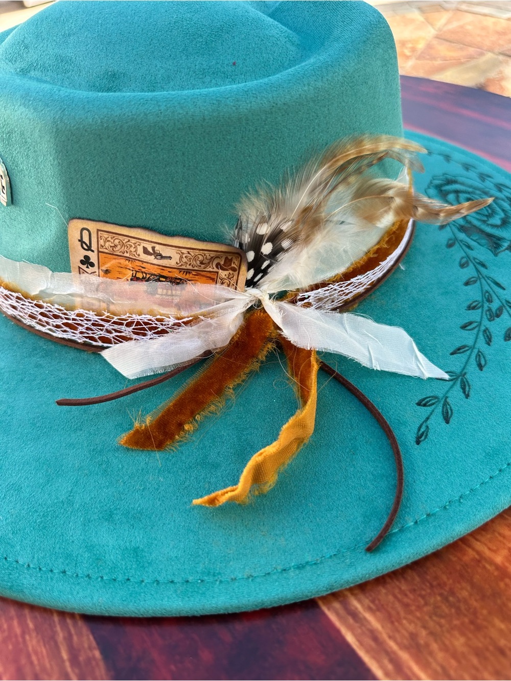 Turquoise Wide-Brim Floral Engraved Wool Felt Hat - Picture 3 of 4